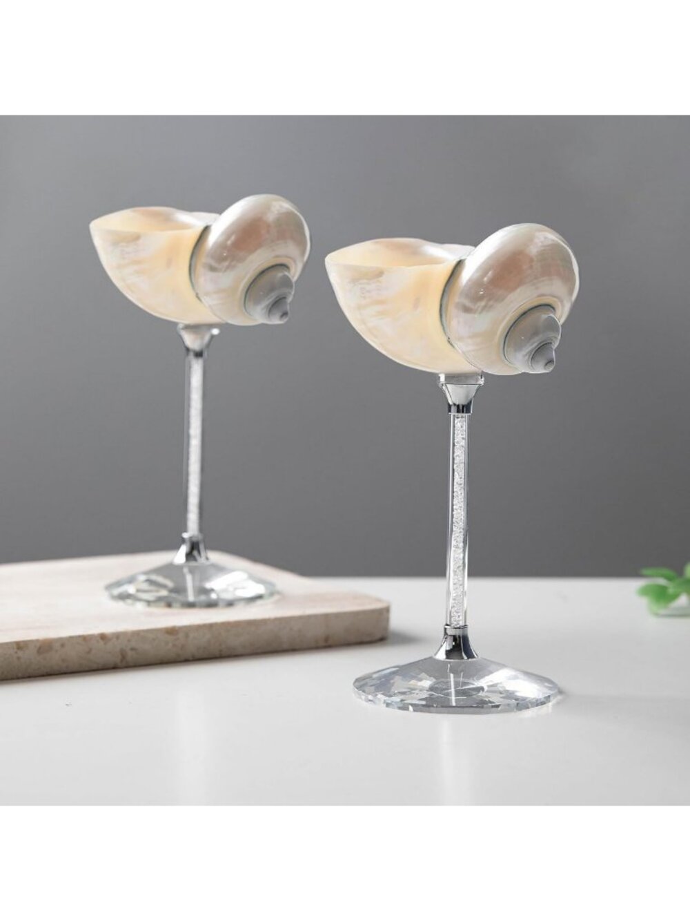 Elegant Set of 2 White Conch Shell Wine Glasses with Rhinestone Handle - Perfect